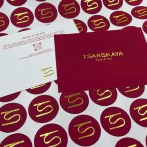 TSARSKAYA thank-you card with gold foil and logo stickers