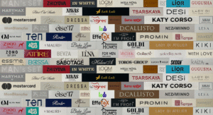 Collage of various woven clothing labels and tags with different brand logos