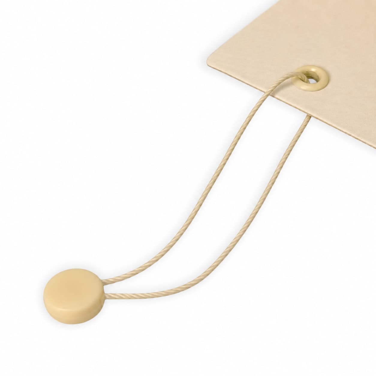 Beige cord tag holder with round plastic snap lock seal