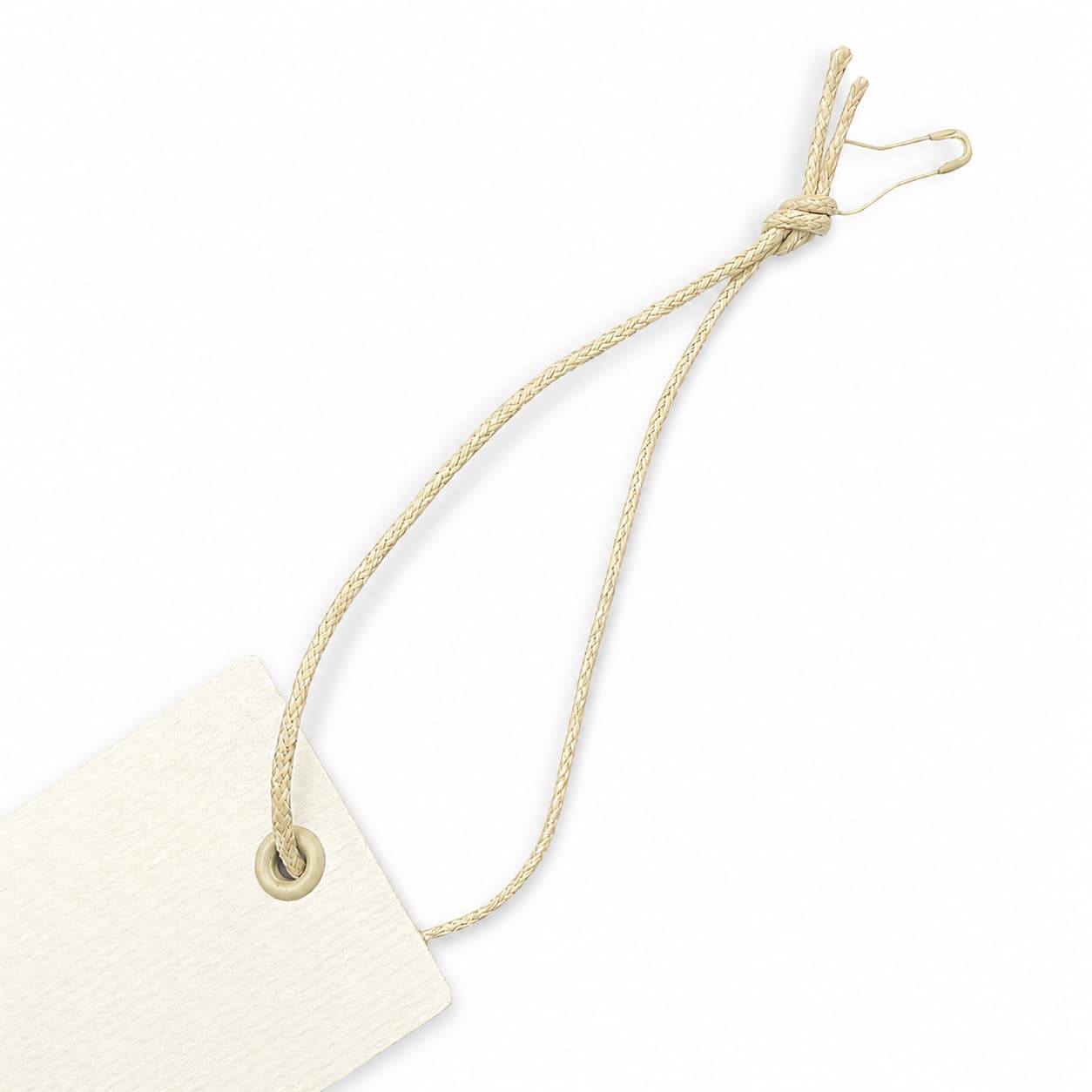 Beige braided cord tag holder with metal safety pin