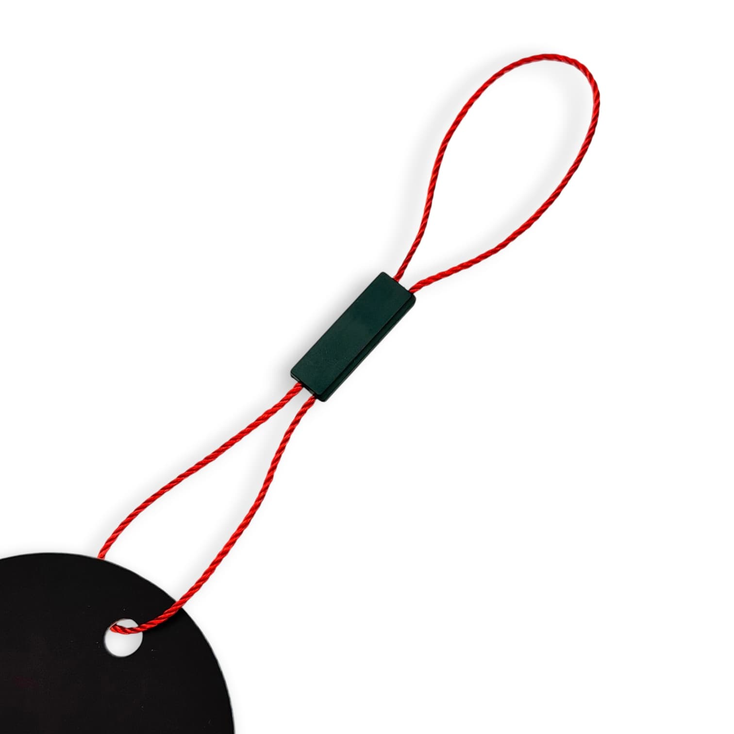 Thin red thread tag holder with black rectangular plastic lock