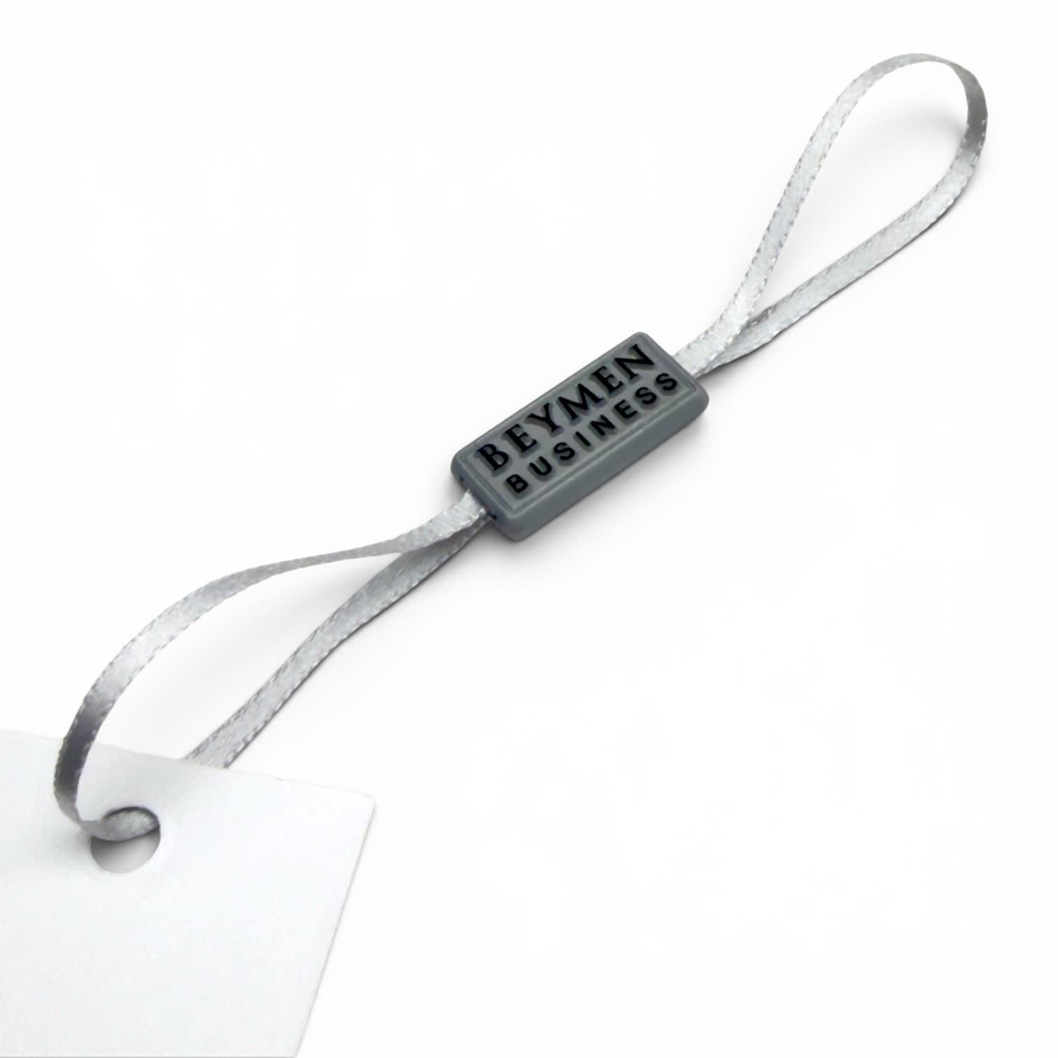 Grey branded string seal tag with satin ribbon for clothing