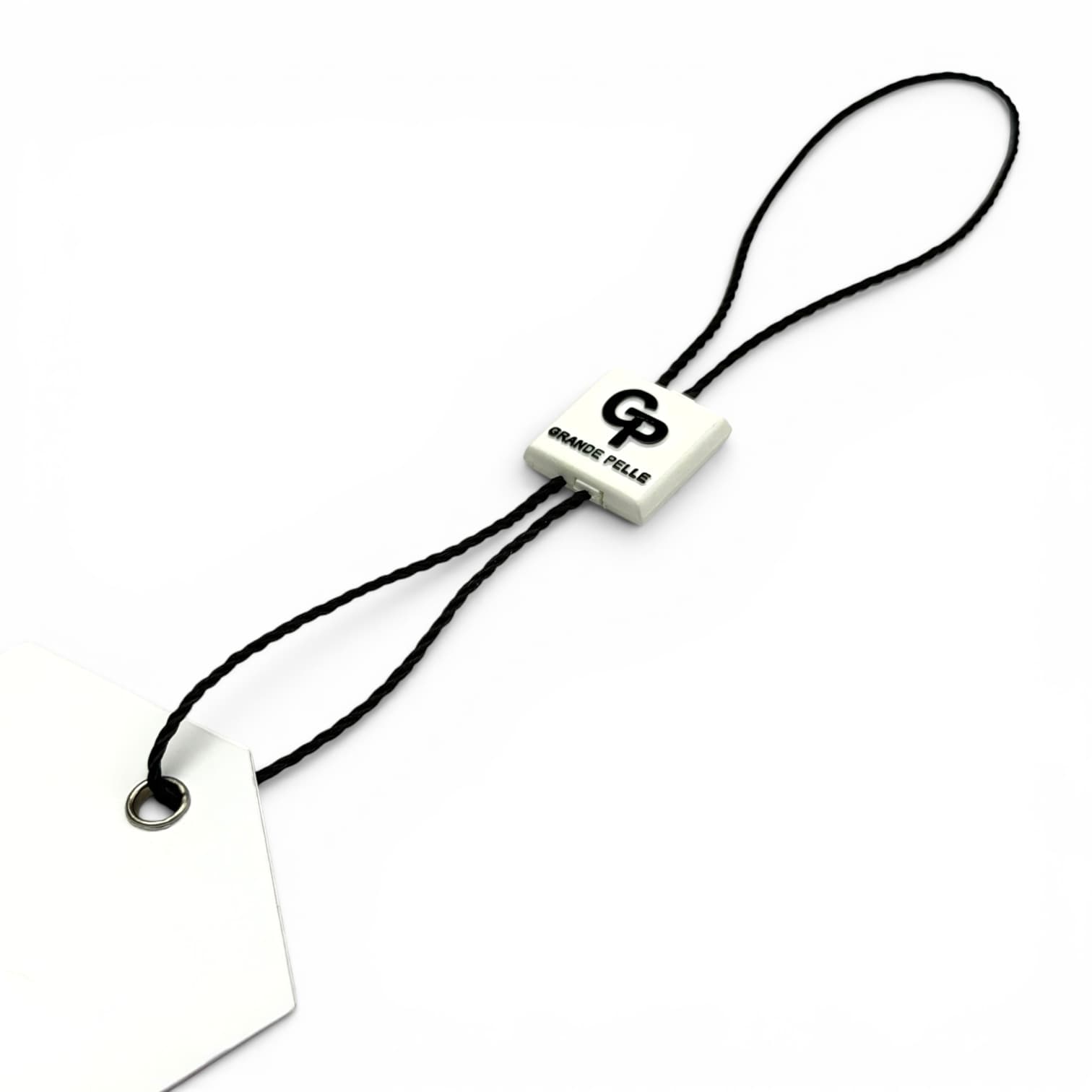 Square branded string seal tag with black cord