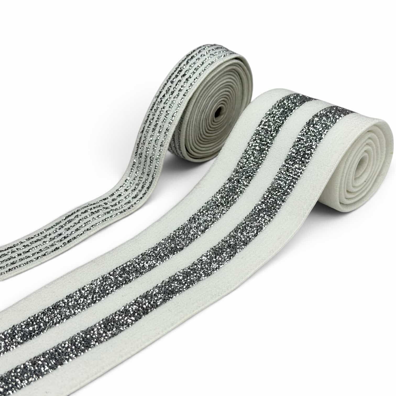White striped jacquard elastic band with silver lurex glitter in different widths