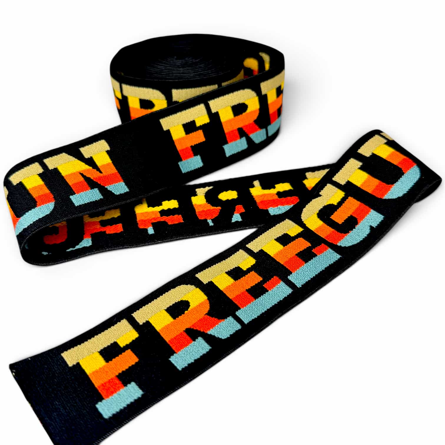 Black jacquard elastic band with colorful gradient text effect
