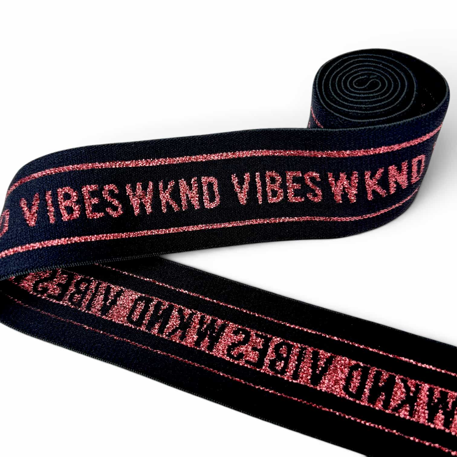 Black striped jacquard elastic band with pink lurex text and lines