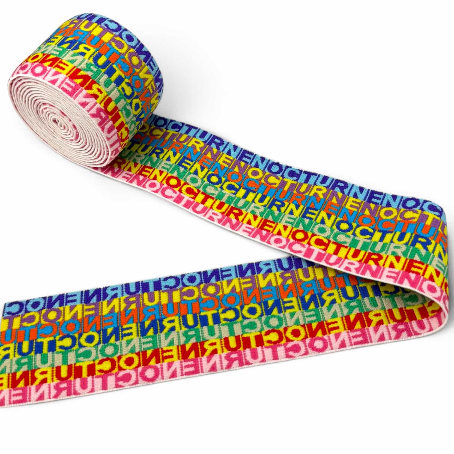 Bright multicolor jacquard elastic band with all-over text pattern