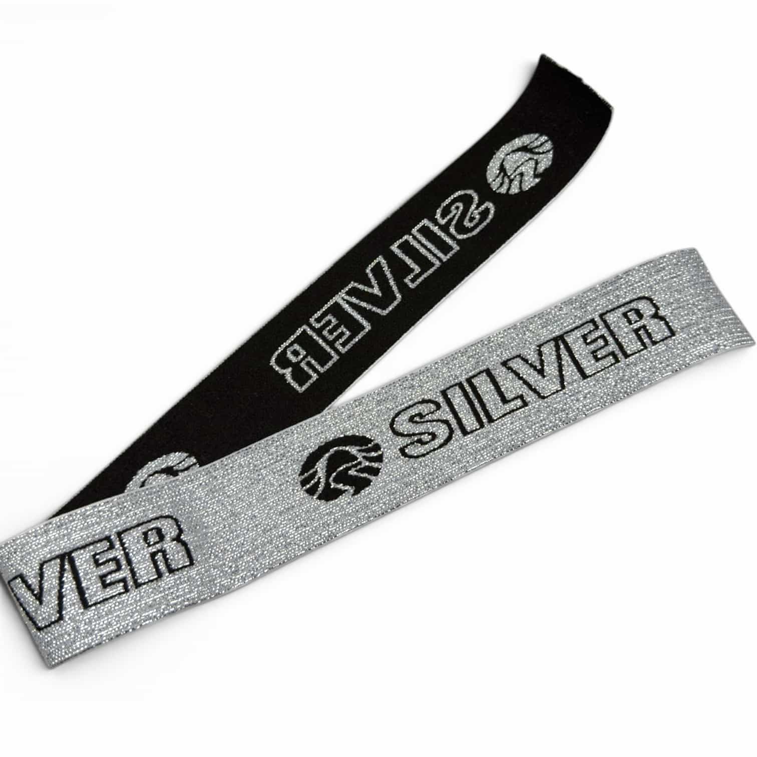 Silver and black jacquard elastic band with glitter lurex and logo