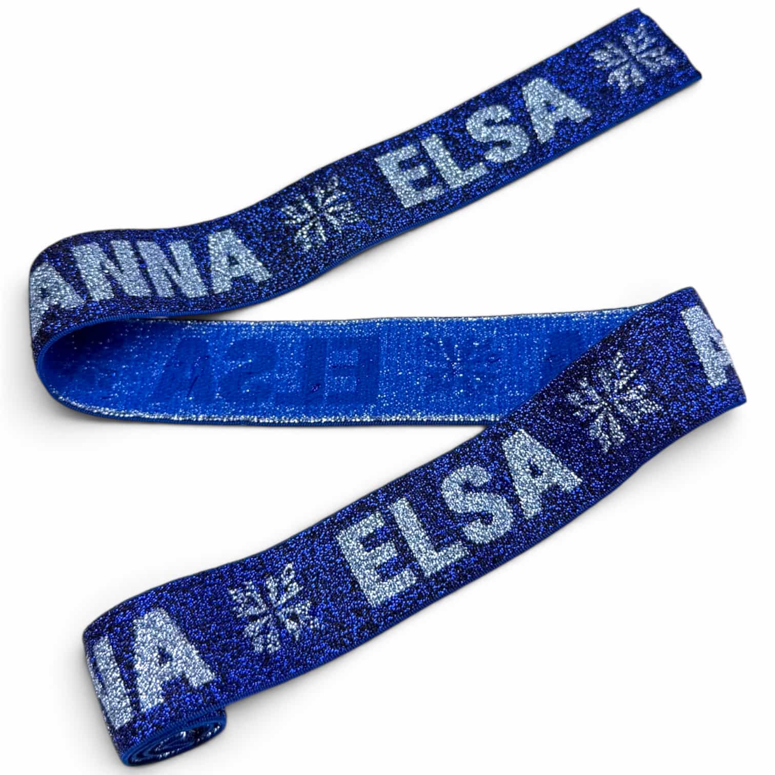 Blue jacquard elastic band with glitter lurex and snowflakes