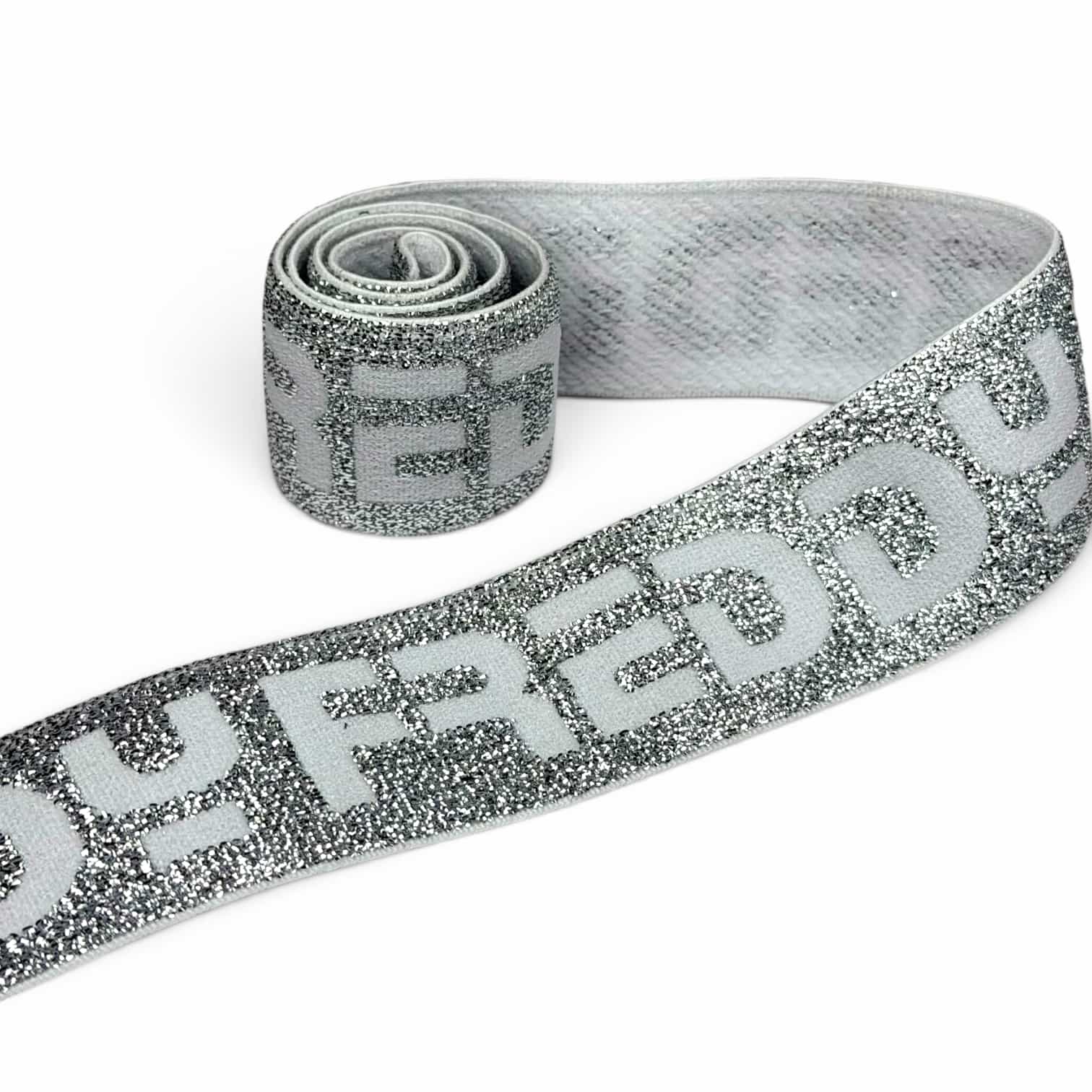 Silver jacquard elastic waistband with lurex glitter and custom logo