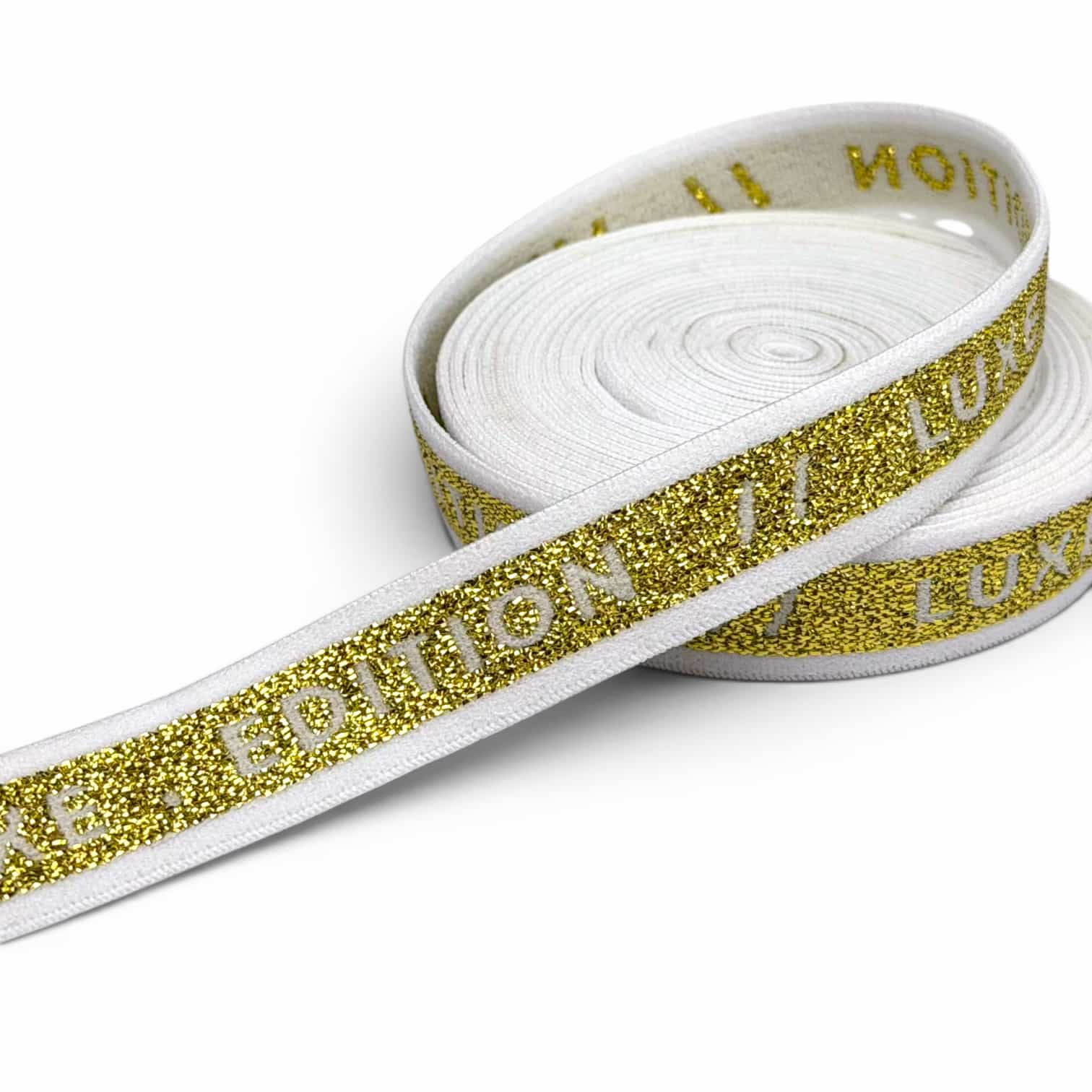 White jacquard elastic band with gold lurex glitter and custom logo