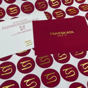 TSARSKAYA thank-you card with gold foil and logo stickers